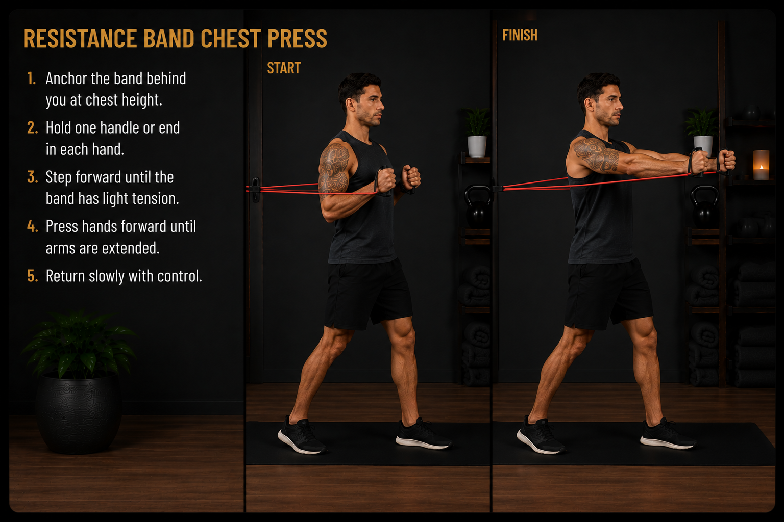 Male demonstrating resistance band chest press