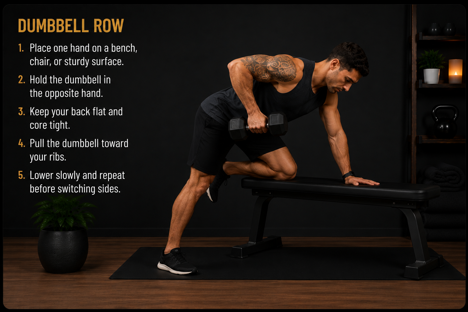 Male demonstrating one-arm dumbbell row