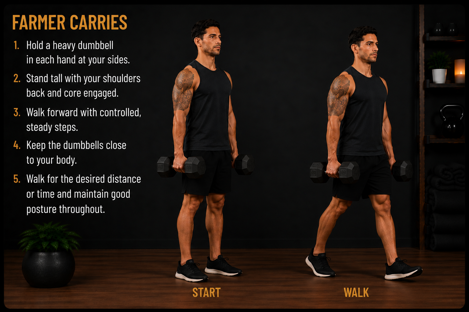 Male demonstrating farmer carry with dumbbells