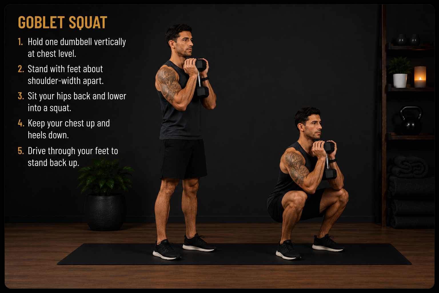 Male demonstrating goblet squat with dumbbell