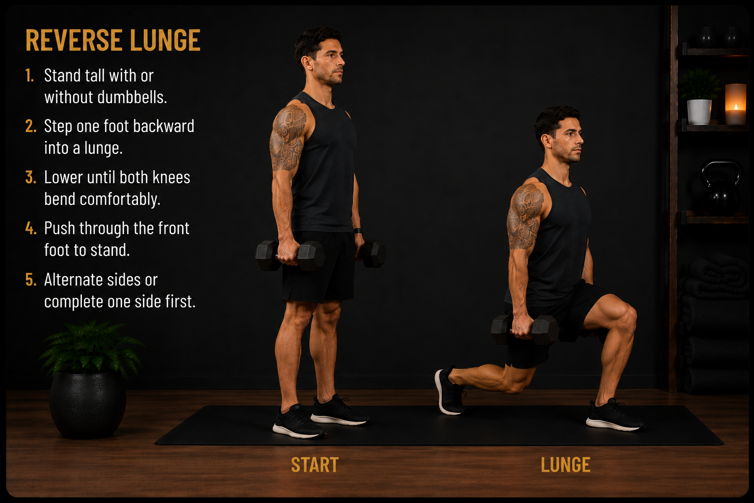 Male demonstrating reverse lunge with dumbbells