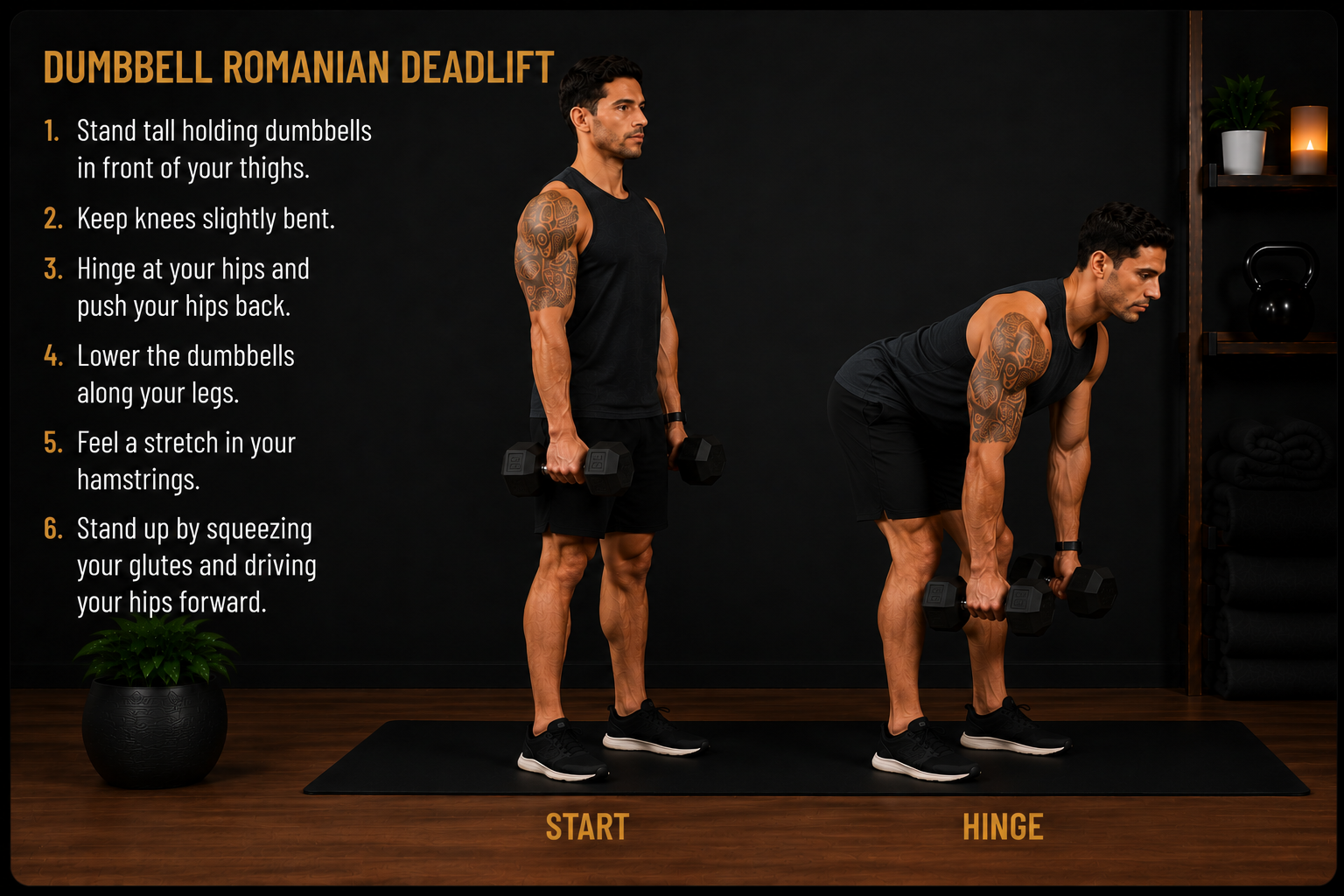 Male demonstrating dumbbell Romanian deadlift