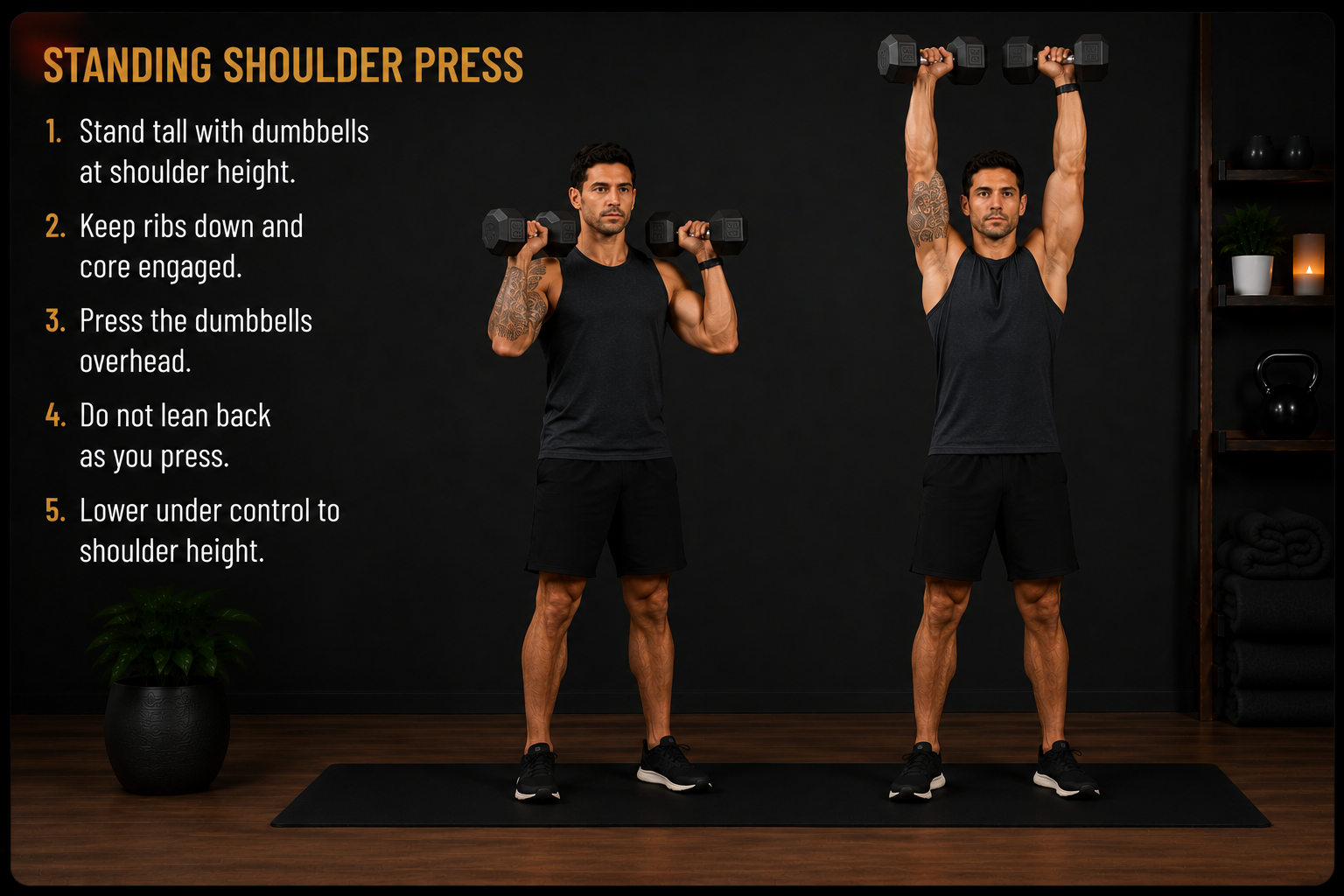 Male demonstrating standing dumbbell shoulder press
